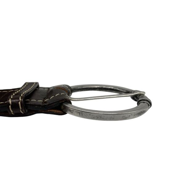Italian Chocolate Brown Leather Waist Belt Contrast Stitch Statement Buckle Boho